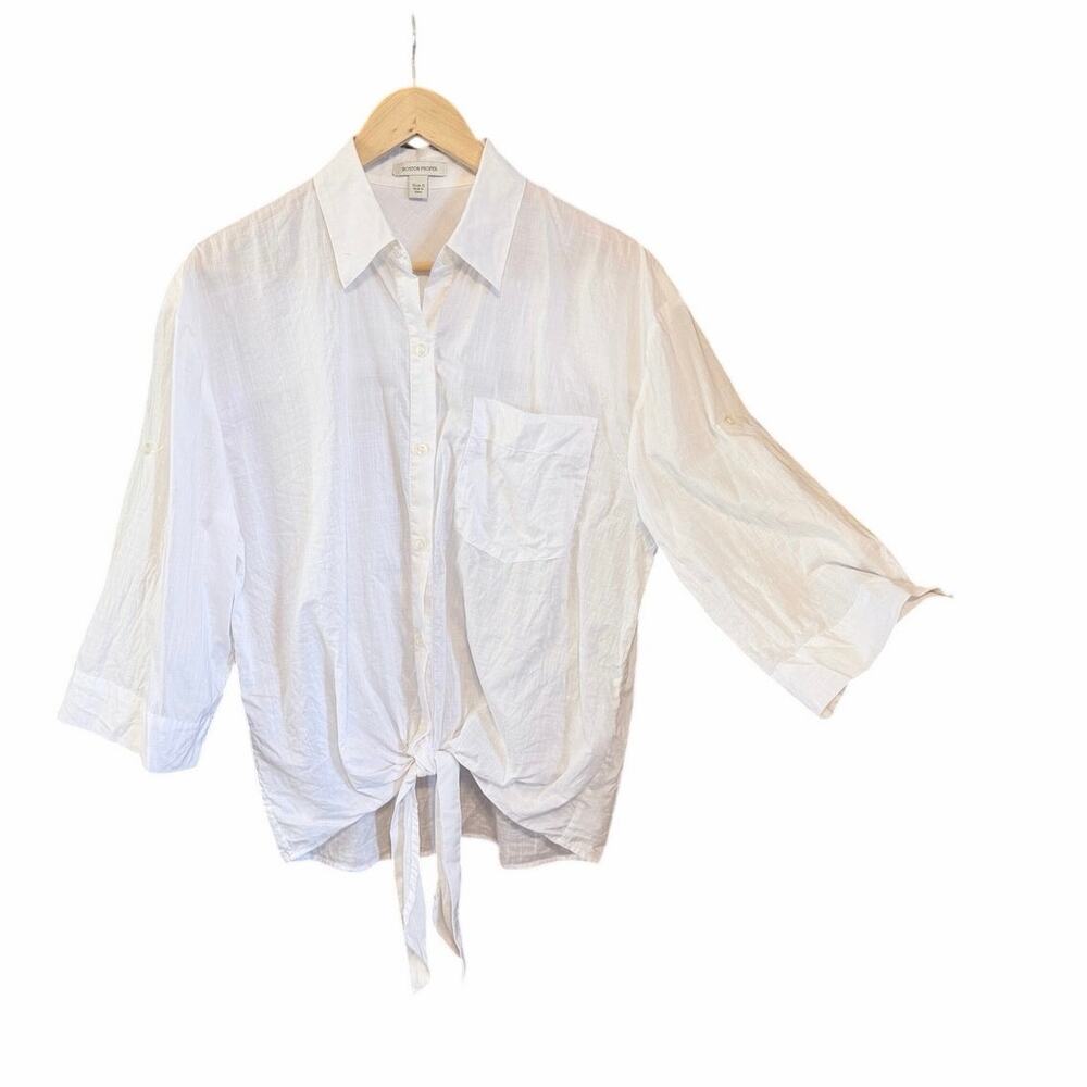 Boston Proper 100% cotton button front tie white blouse top small coastal clean